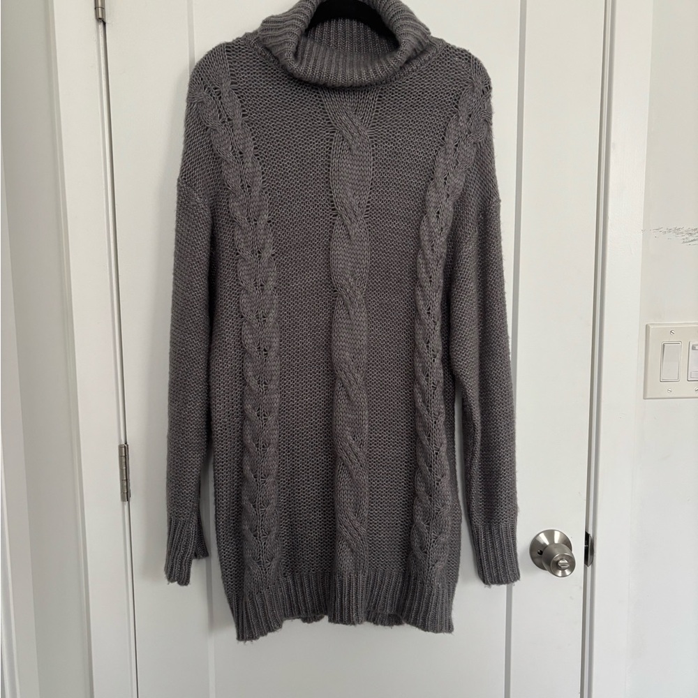 Gray Cable Knit Turtleneck Sweater Dress